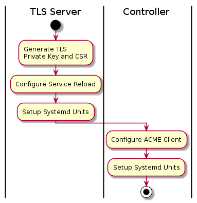 |TLS Server|
start
:Generate TLS\nPrivate Key and CSR;
:Configure Service Reload;
:Setup Systemd Units;
|Controller|
:Configure ACME Client;
:Setup Systemd Units;
stop